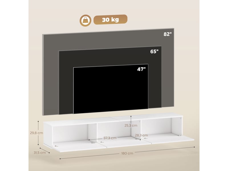  Meuble tv mural avec 3 abattants mdf blanc 180 x 31,5 x 29,8 cm  - Conforama C