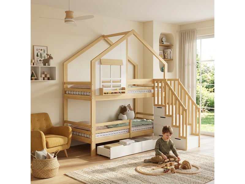  Lit superposé enfant avec 2 tiroirs à roulettes, fenêtres et échelle, 90x200cm, naturel et blanc  - Conforama C