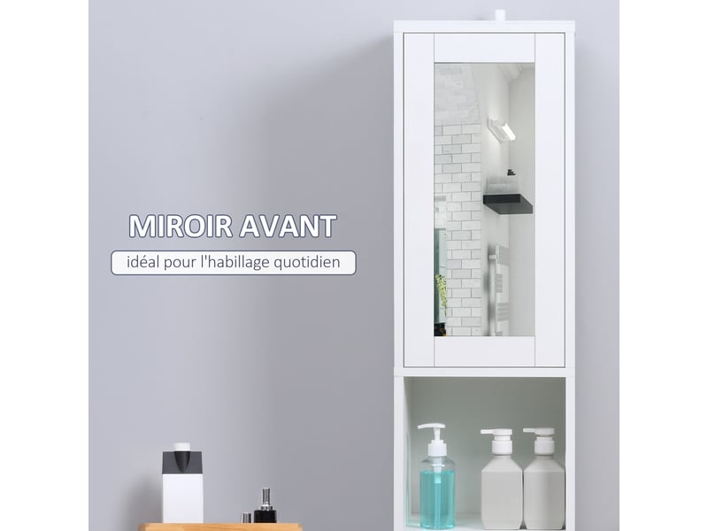  Armoire salle de bain haute, meuble de rangement colonne avec miroir, 2 portes, étagères réglables, 30x28x170cm, blanc  - Conforama D