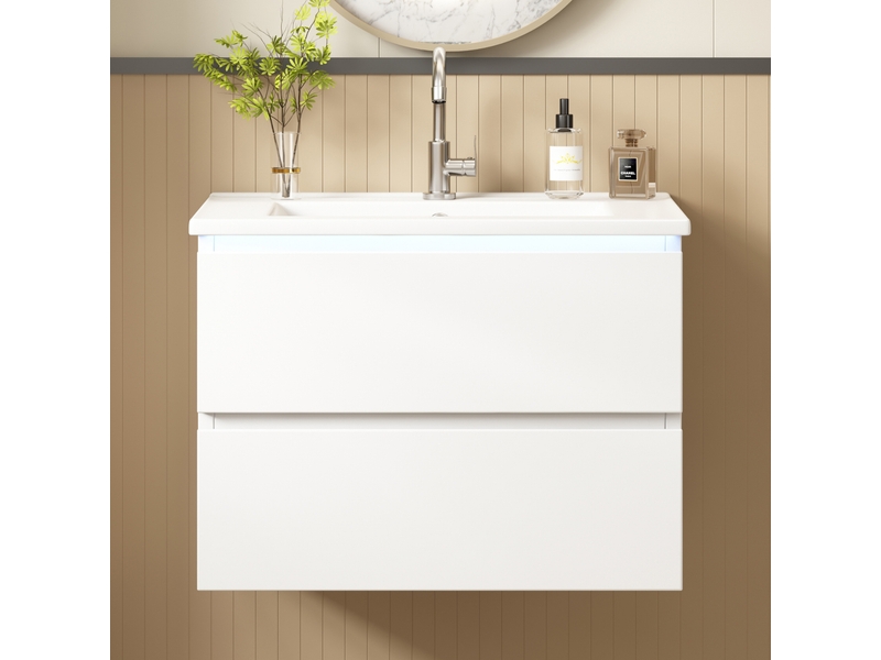 Meuble vasque suspendu 61x46x45 cm avec éclairage led, armoire de rangement avec 2 tiroirs, style moderne, mdf, blanc - Conforama B