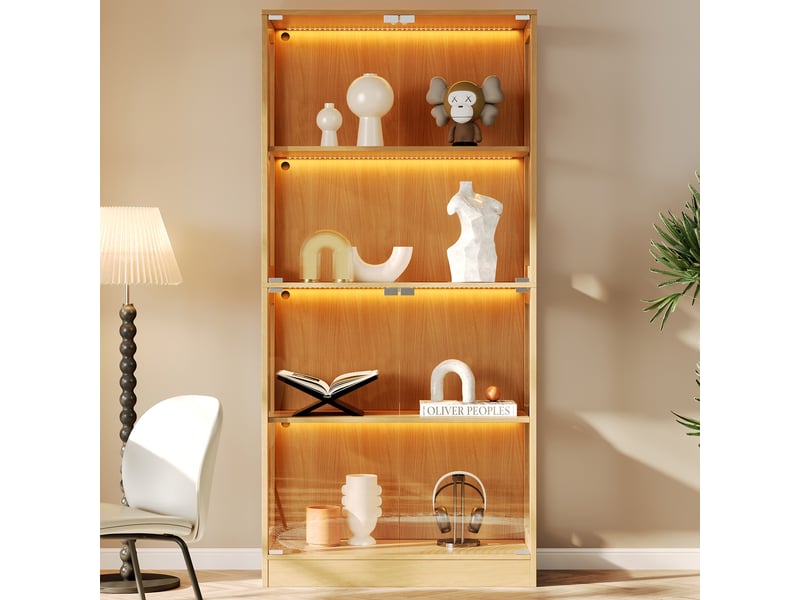  Vitrine led pour figurines, 80 x 35 x 170 cm, 4 portes, mdf et verre, finition bois naturel  - Conforama D