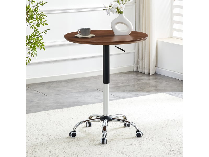  Table basse avec plateau rond réglable en hauteur et roulettes silencieuses, en mdf et métal chromé, noyer ø 70 cm  - Conforama B