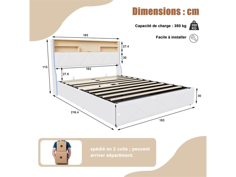  Lit 160x200cm - lit coffre 160x200cm - lit rembourré similicuir hydraulique, tête de lit étagère, led et ports usb type-c - blanc  - Conforama E