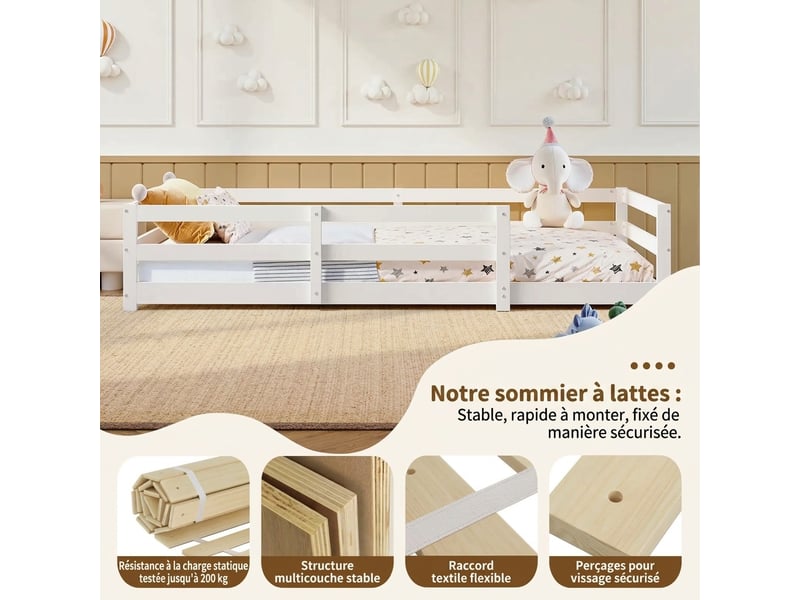  Lit montessori 90x200 cm au sol avec barrière - bois massif blanc sommier inclus  - Conforama E
