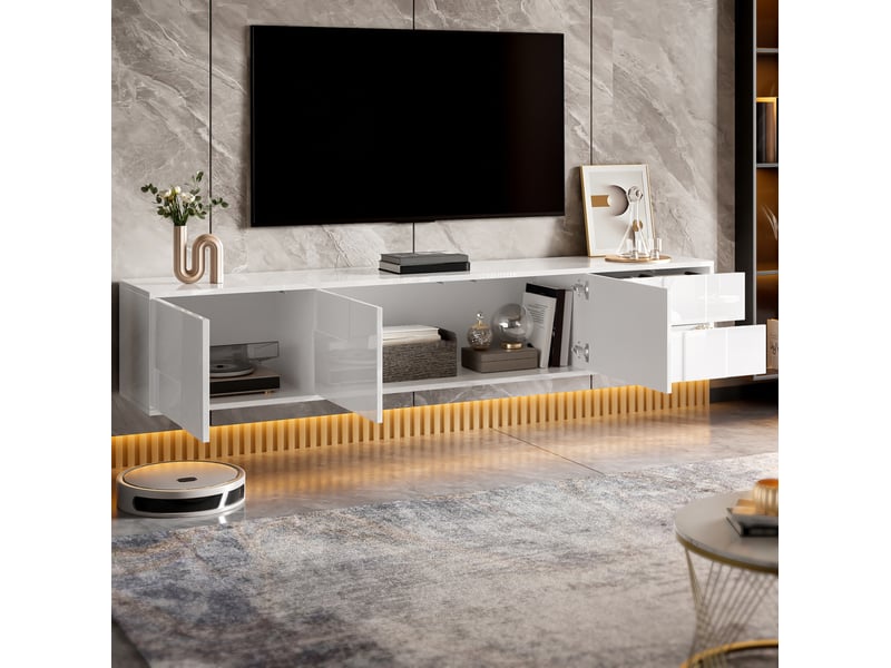  Meuble tv blanc 170 cm, 3 portes et 2 tiroirs, à poser ou à fixer au mur  - Conforama C