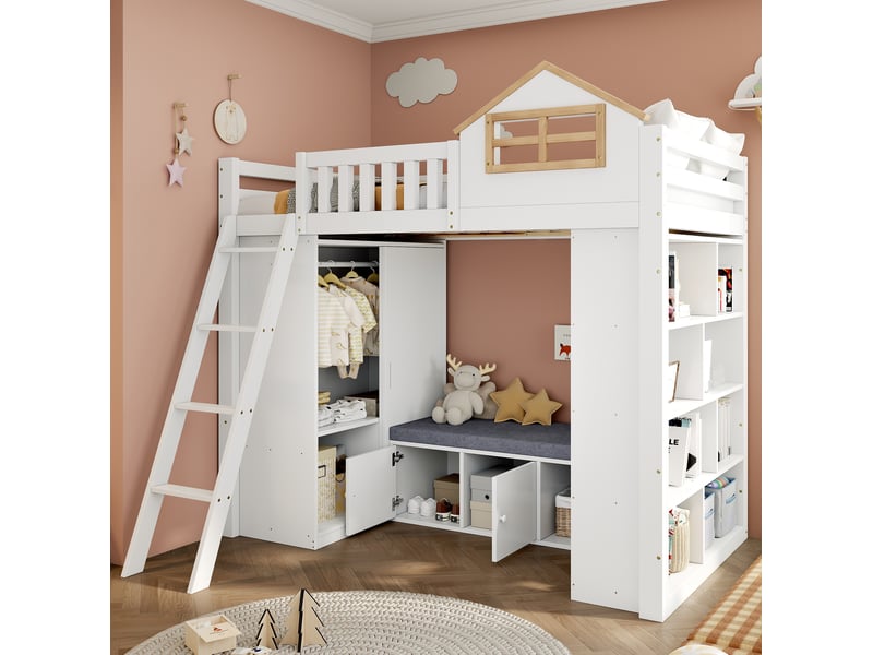  Lit mezzanine combiné modenvie 90 x 200 cm blanc et naturel avec armoire, étagères et banquette  - Conforama B