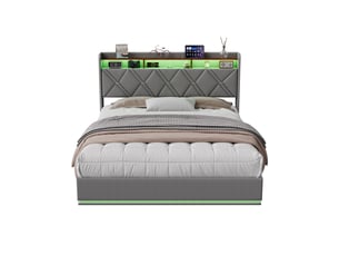 Lit coffre 160 x 200 avec sommier,lit 2 places avec usb et led,lit 160x200 avec tête de lit,lit rembourré double gris