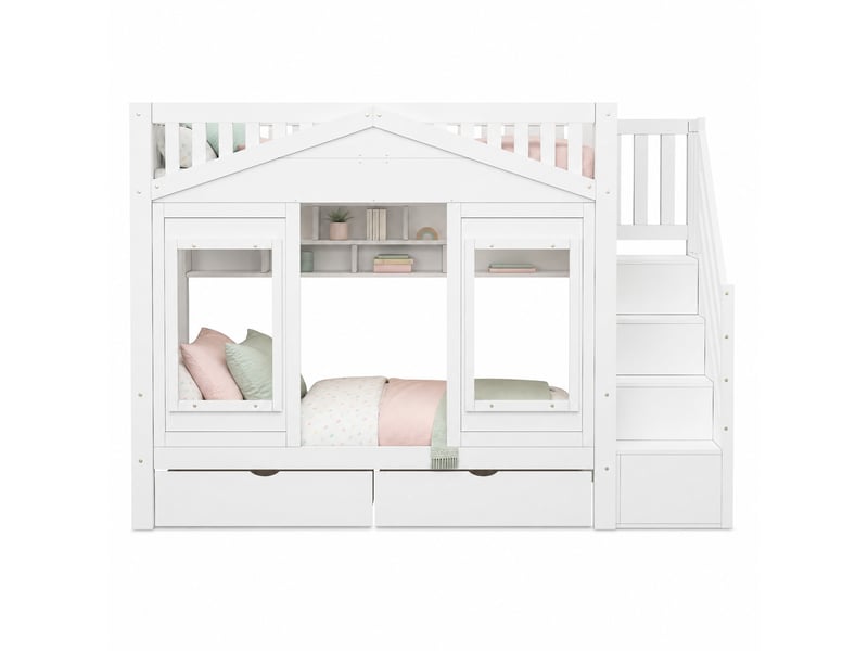  Lit mezzanine enfant simple 90×200 cm avec escalier de rangement - okmyhome- tiroir et étagères, sans matelas  - Conforama A