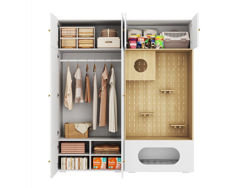  Armoire,180x50x200 cm,avec penderie et espace pour félins,panneau de particules,blanc effet bois  - Conforama A