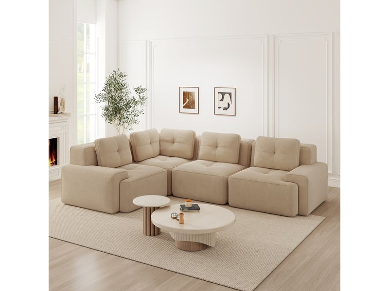 Canapé d'angle modulable avec assise basse, accoudoirs larges et base antidérapante en velours côtelé beige - Conforama D