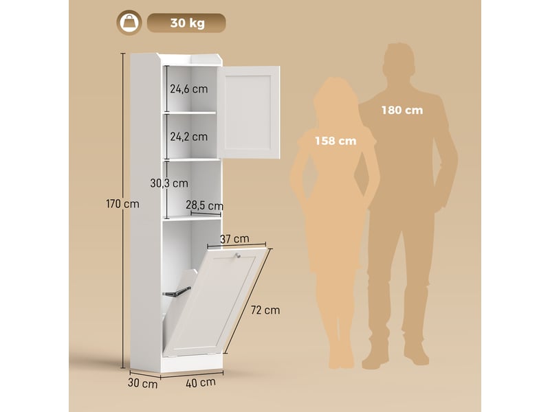  Armoire de salle de bain haute avec panier à linge, compartiments ouverts et étagères réglables, 40 x 30 x 170 cm, blanche  - Conforama E