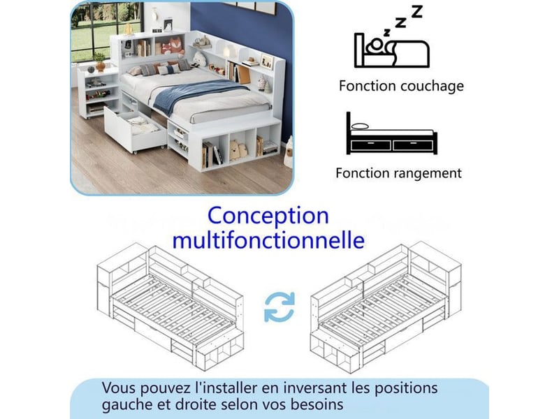  Lit enfant multifonctionnel - 90x190 cm - tiroirs intégrés - sommier à lattes inclus blanc - Conforama C