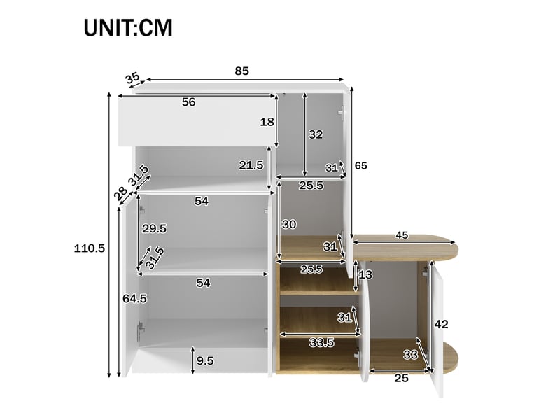 Meuble à chaussures 130x35x110,5 cm avec banquette, 5 portes, 1 tiroir et niche ouverte, grand rangement - Blanc et naturel Fay Lum - Conforama C