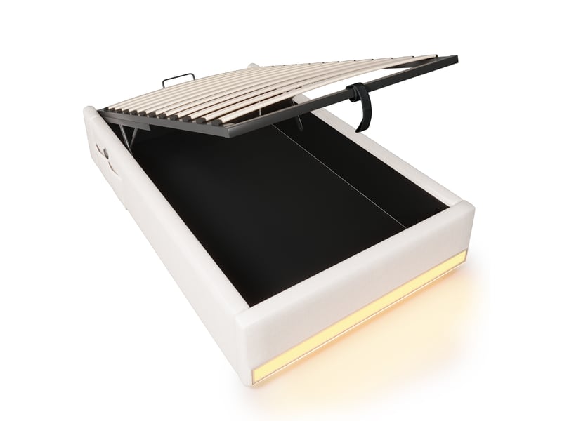 Sommier coffre rembourré 90x200 cm led multicolore usb type‑c coffre design moderne poches latérales lin beige sans matelas - Conforama E