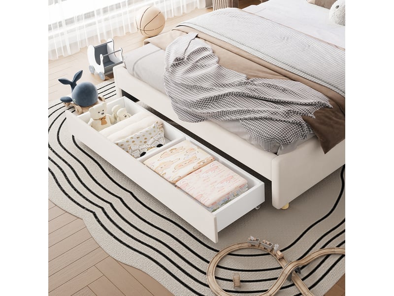  Lit cabane enfant 140x200 cm, glissière réversible, éclairage led, recharge, rangements, velours beige sans matelas  - Conforama E