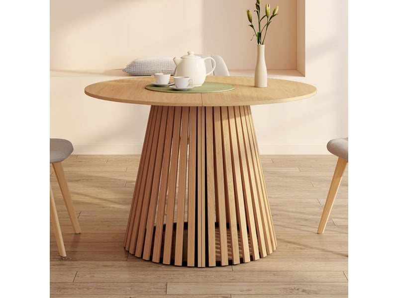 Table à manger extensible ronde carmen 4-12 personnes pied bois en lattes et plateau bois 110-300 cm  - Conforama D