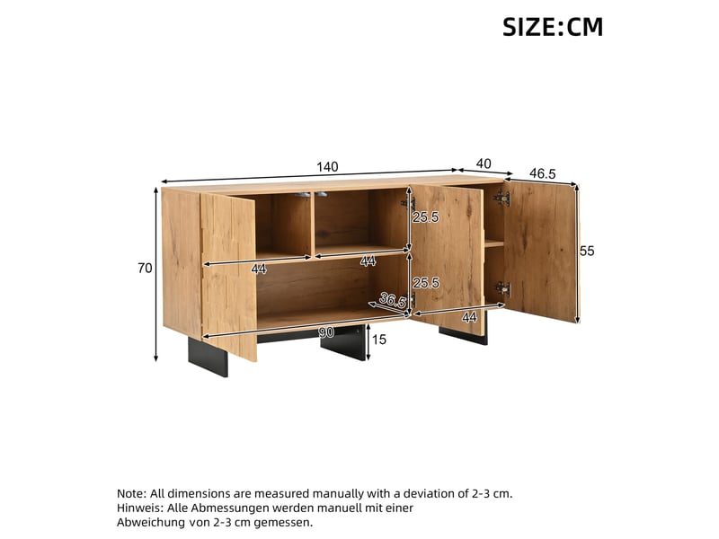 Buffet de rangement 140 x 40 x 70 cm – naturel – 3 portes push-to-open, 5 compartiments et fermeture douce - Conforama C