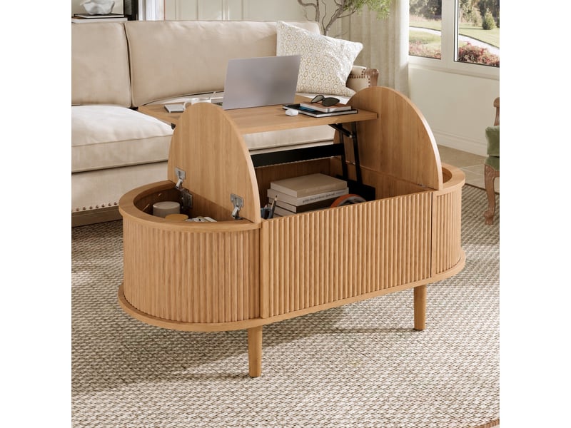  Table basse ovale relevable vintage avec portes rainurées et rangement  - Conforama D