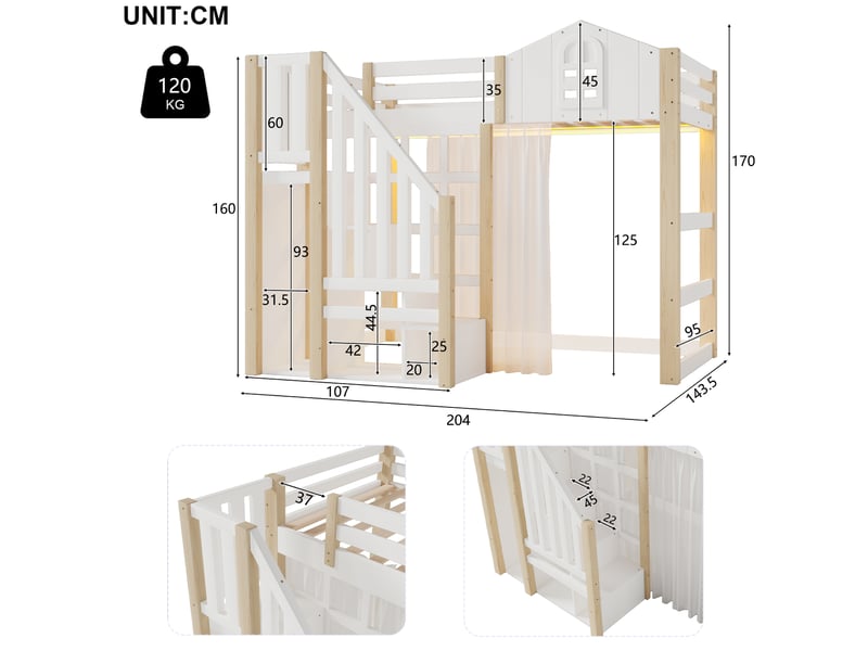  Lit mezzanine 90x200 cm avec led, forme fenêtre, échelle de rangement, bois et mdf, blanc et naturel sans matelas  - Conforama C