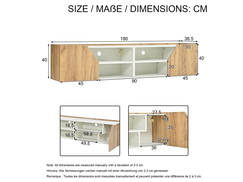 Meuble tv mural 180x36,5x40 cm avec led rgb, blanc et finition bois naturel - Conforama E