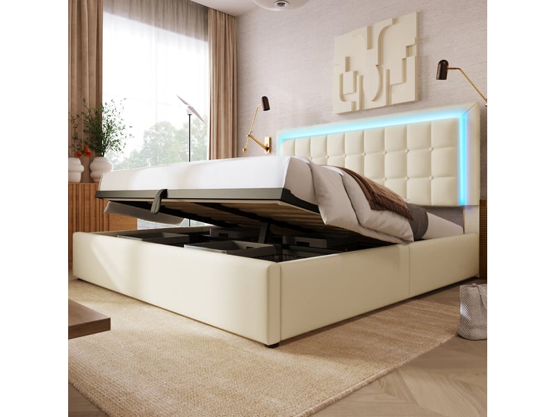  Lit coffre 180 x 200 cm blanc en pu avec sommier à lattes et éclairage led  - Conforama C