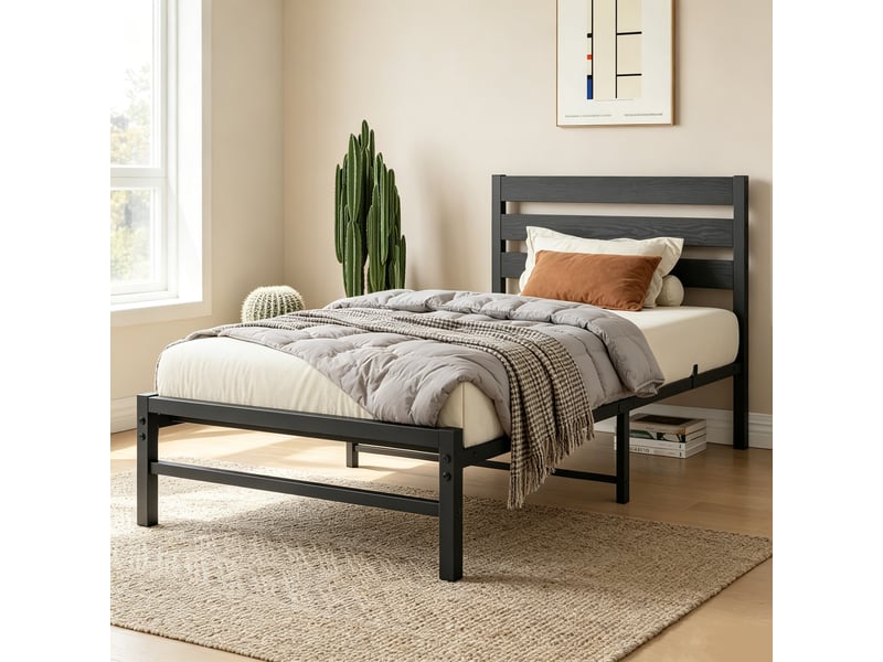  Lit en métal ulevr 90 x 200 cm avec tête de lit mdf, sommier à lattes, noir  - Conforama B