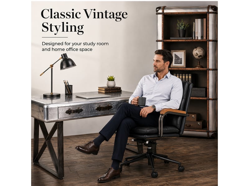  Chaise de bureau en cuir noir ergonomique réglable en hauteur avec accoudoirs en chêne et roulettes  - Conforama B