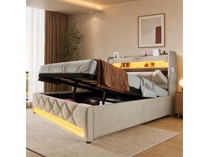 Lit avec rangement 140x200 cm <strong>CRAVDOM</strong> <strong></strong> coloris beige