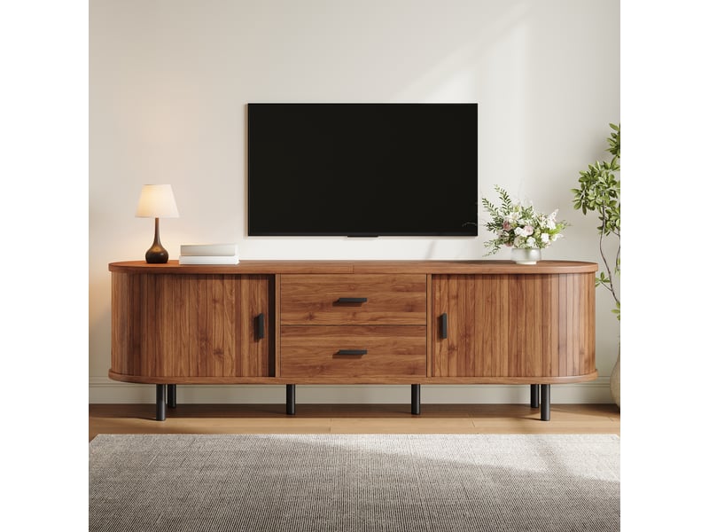  Meuble tv avec 2 portes coulissantes, 2 tiroirs, extrémités arrondies et pieds métalliques pour salon 150×40×55 cm  - Conforama C