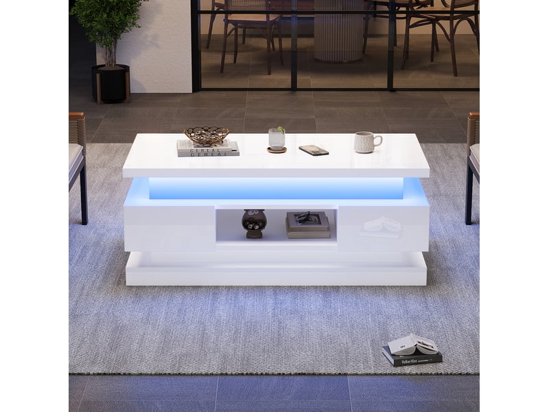  Table basse relevable 100x50x40 cm blanche avec led, 2 tiroirs et rangement  - Conforama D