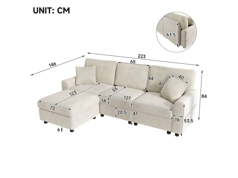  Canapé droit 223x146x84 cm avec pouf, 2 coussins, ports usb et type-c, beige  - Conforama C