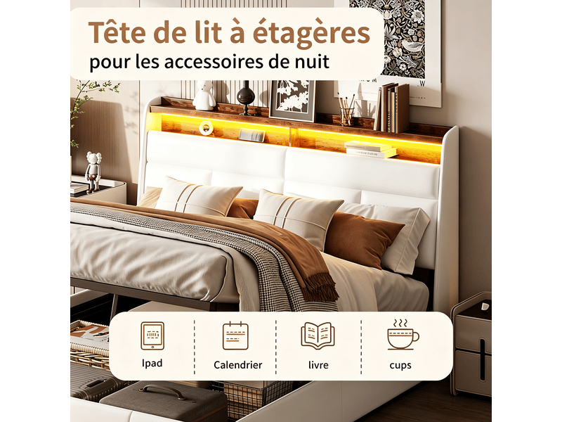 Lit 140x190 cm, tt01, led réglable, hydraulique, contemporain, lit adulte, cadre de lit double 140x190 cm, tissu pu, blanc - Conforama E