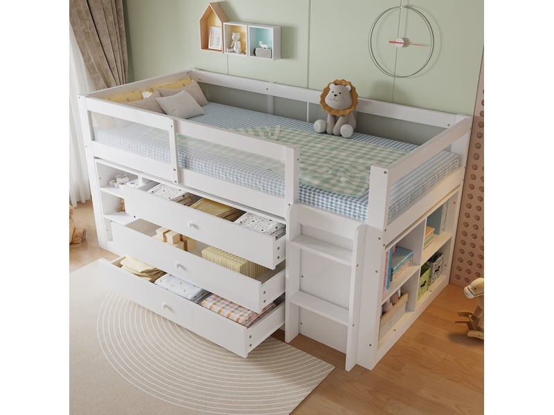  Lit enfant mi-hauteur 90x200 cm avec 3 tiroirs et protection en acrylique blanc  - Conforama D