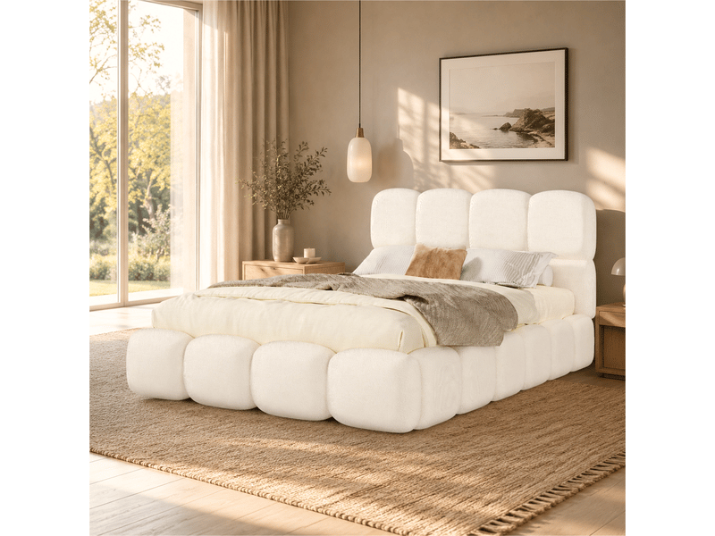  Lit coffre rembourré en bouclé 140x190 cm, lit double avec rangement, tête de lit rembourrée, sommier à lattes et bords arrondis, blanc  - Conforama C