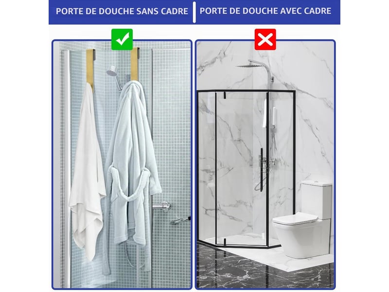  Crochets de porte de douche, crochets porte-serviettes, adaptés aux portes de douche en verre sans cadre, lot de 4, dorés  - Conforama E