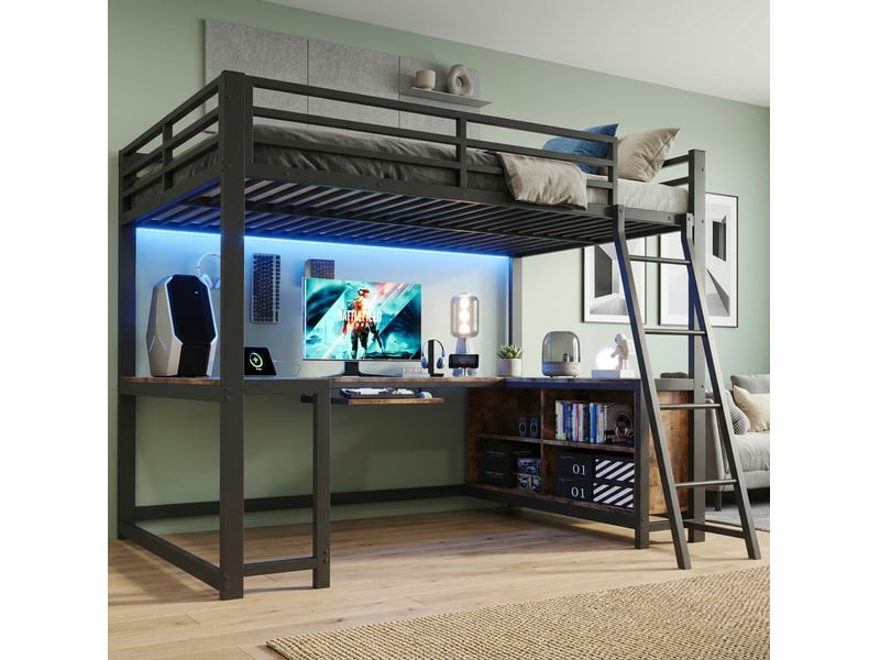 Lit mezzanine 120x200 cm avec bureau et led, décor bois vintage noir - Conforama B