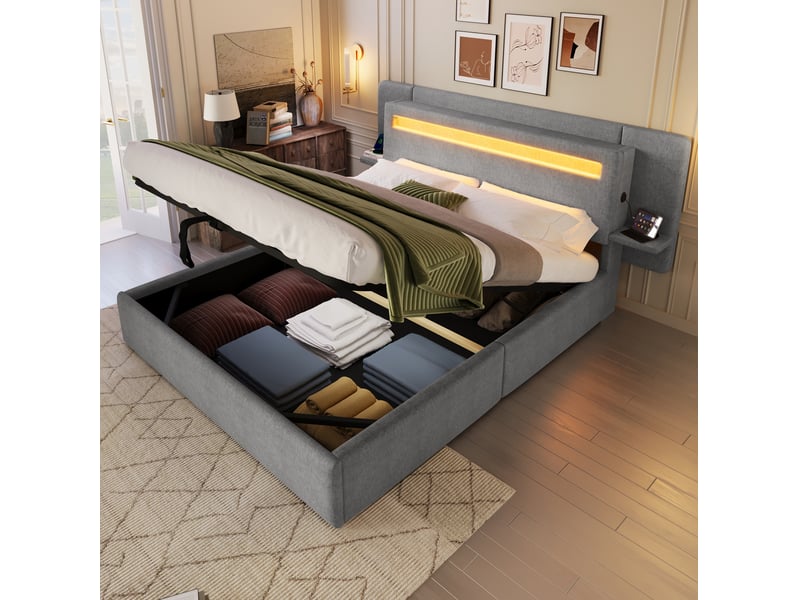  Lit double 140 × 200 cm avec coffre relevable hydraulique, led multicolore et tablette avec port usb, gris, chambre  - Conforama D