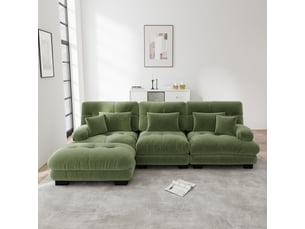 Canapé d'angle, transformable en lit, avec pouf, en tissu chenille, coloris vert, l313 x p145 x h81 cm, pour salon