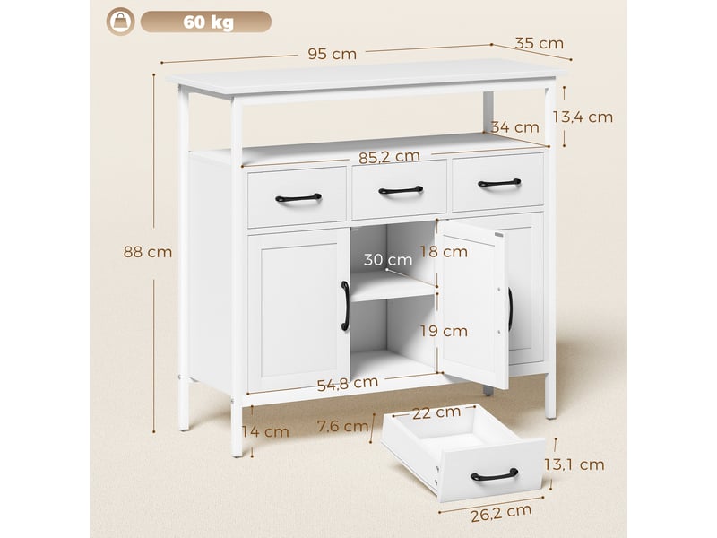  Buffet cuisine, meuble de rangement, 3 portes, 3 tiroirs, compartiment ouvert et étagères réglables, blanc, 95x35x88cm  - Conforama C