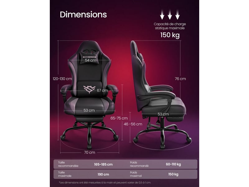 Chaise de bureau ergonomique inclinable avec repose-pieds 70 x 70 x 130 cm confort optimal style moderne en cuir noir 12_0013176  - Conforama B
