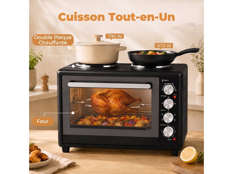 Mini-four avec 2 plaques de cuisson et broche rotative 46l 2850 w, four à convection multifonction, minuterie, noir - Conforama D