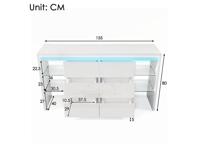  Meuble tv led avec 6 tiroirs et étagères en verre 155 cm evryae  - Conforama E