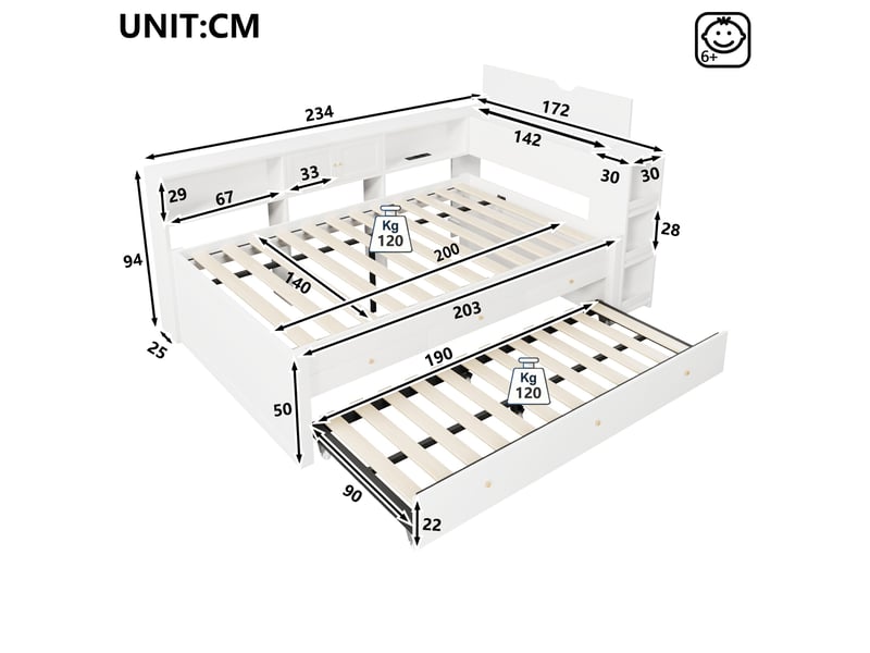  Lit gigogne en bois avec rangement, 3 tiroirs et prise usb, blanc – 140 x 200 cm IKSETERA TRADING LTD - Conforama C