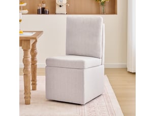 Chaise de salle à manger pivotante rembourrée avec coffre de rangement et roulettes, en chenille gris beige