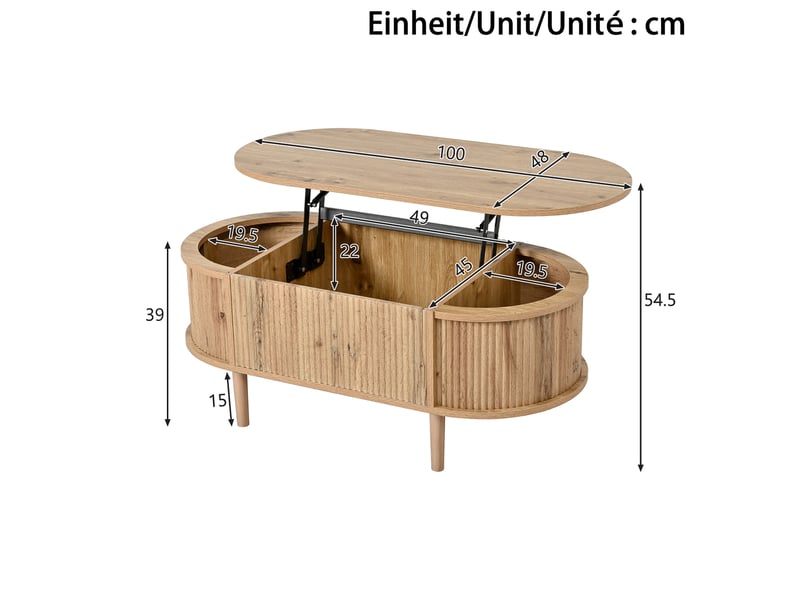  Table basse ovale 100x48x54,5 cm relevable avec rangement coloris chêne  - Conforama C