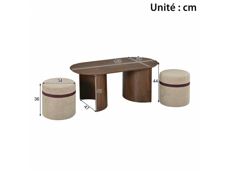  Ensemble table basse ovale et 2 poufs, effet noyer, 108 x 50 x 44 cm  - Conforama C