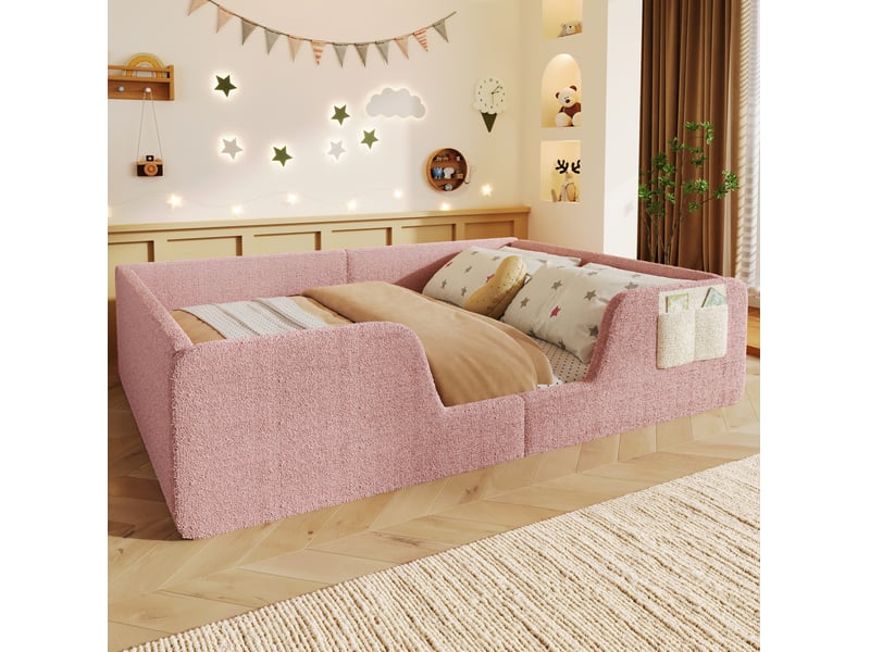  Lit enfant 140x190 cm avec barrières amovibles et poches en tissu rose  - Conforama D