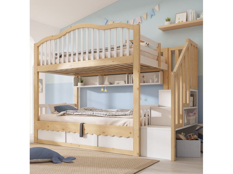 Lit superposé enfant 90 x 200 cm avec rangement hydraulique, échelle sécurisée et étagères, blanc et chêne - Conforama C