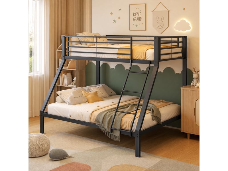  Lit superposé 90140x200cm - lit familial 3 places avec échelle réversible et barrière antichute - noir mat  - Conforama D