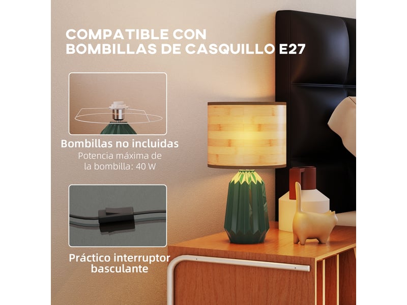  Lampe de table style rétro avec pied en céramique et abat-jour en lin pour chambre, 40 w, vert et bois naturel  - Conforama E